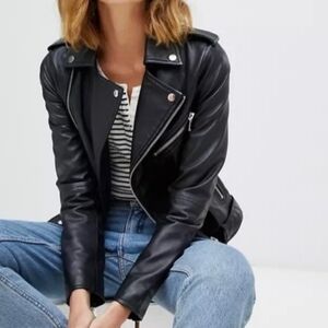 Barneys Originals Black Genuine Leather Biker Belted Jacket Sz-8 NWT